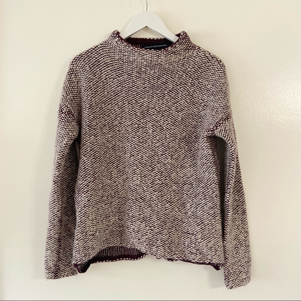 French Connection Sweater Maroon Mock Neck Alpaca Blend Chunky Knit Textured